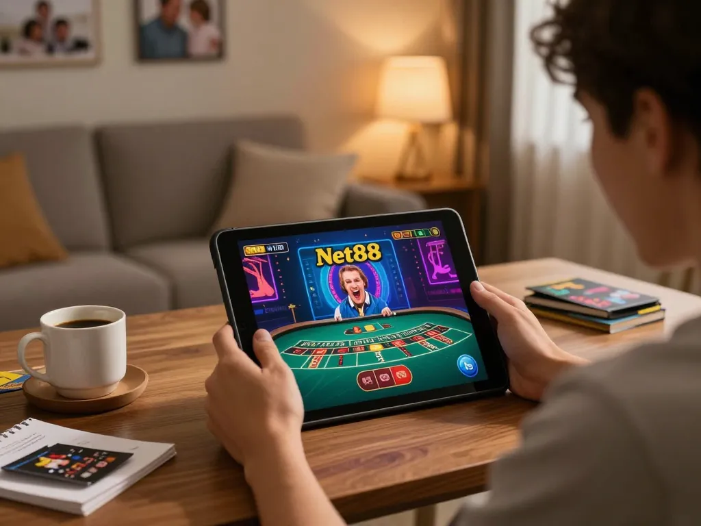 Engaging online gaming experience on Net88, showcasing dynamic tablet gameplay in cozy home environment