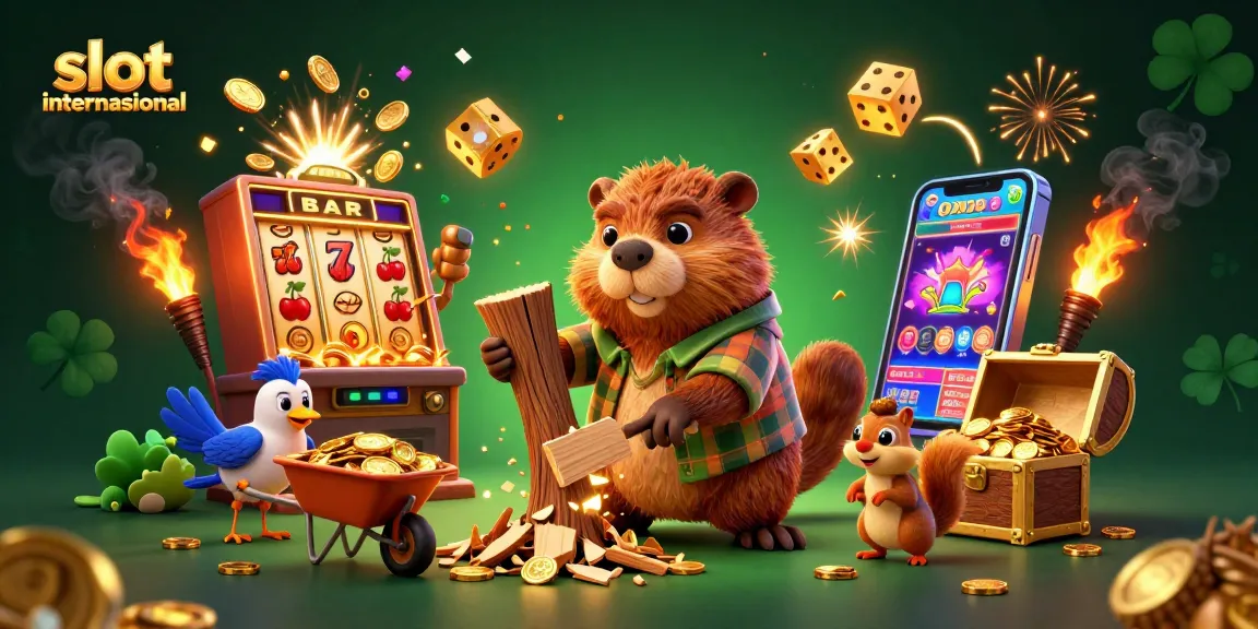 Spin the reels at slot internasional while a cartoon beaver celebrates with golden coins raining down.