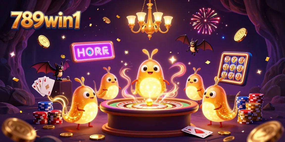 Experience thrilling wins at 789win1 with dazzling gambling elements and animated glowworms lighting the scene.