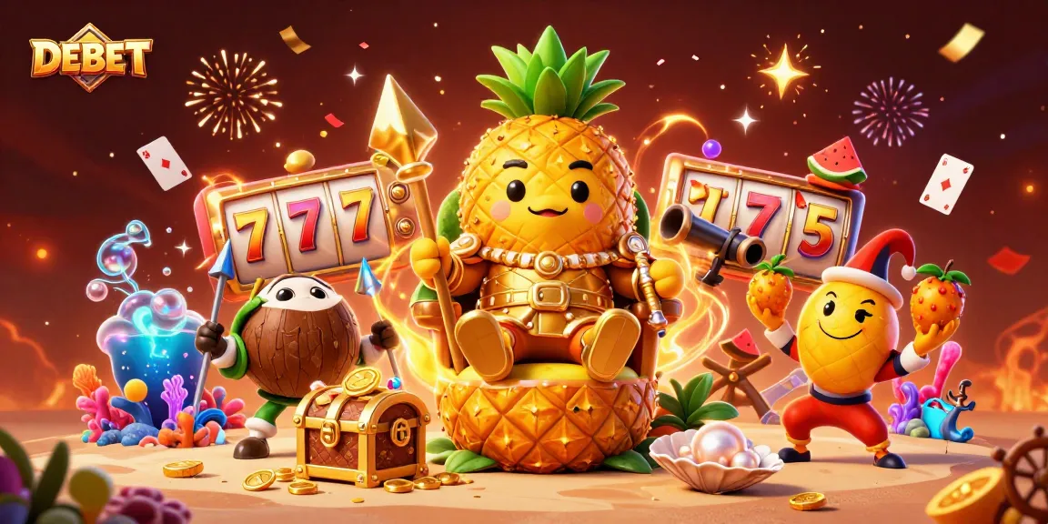 DEBET explores exciting casino gaming with a golden pineapple king surrounded by vibrant slot elements.