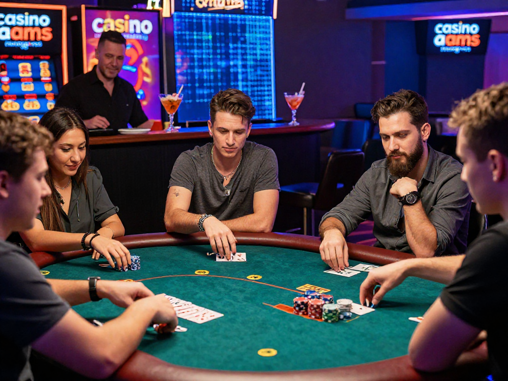 Atmosfera coinvolgente di un casinò non aams con giocatori entusiasti e tavolo da poker illuminato.