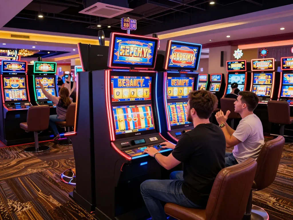 Players enjoying intense gameplay at slot777 machines, with vibrant lights and sounds creating an electrifying atmosphere.