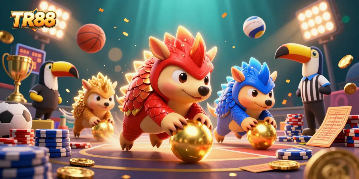 TR88 pangolins bowling through poker chips, showcasing vibrant casino excitement.
