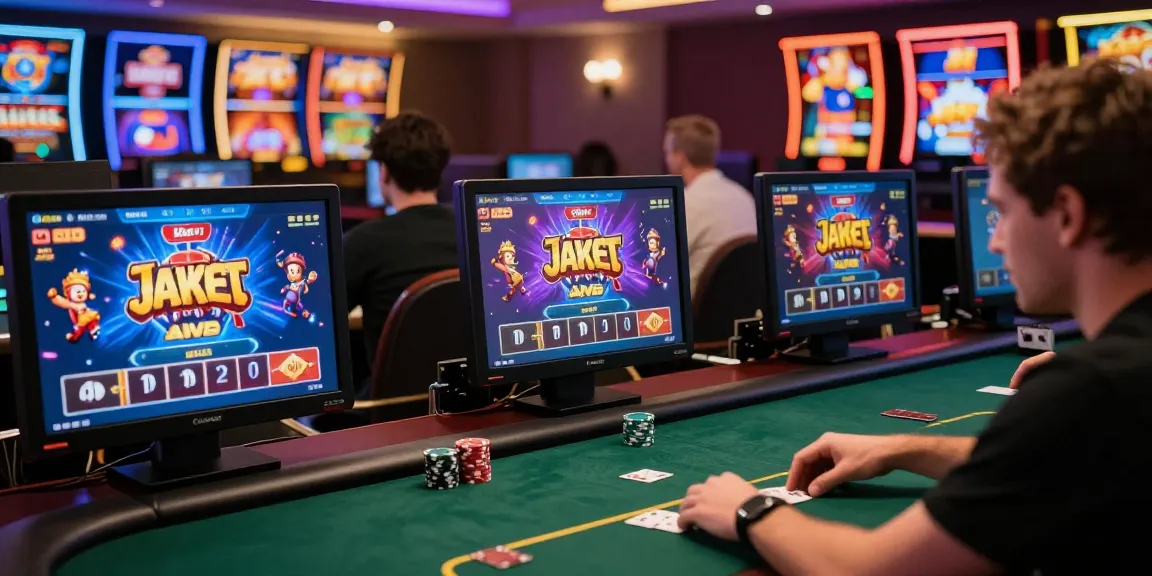 Dewapoker Live Jackpot glowing on screens as players engage in an online poker game, vibrant casino atmosphere.