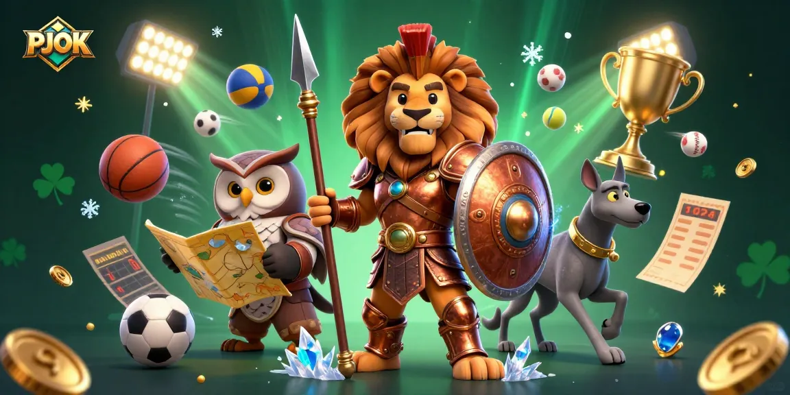 Engage with PJOK's dynamic betting scene featuring a Spartan lion, owl strategist, and swift greyhound amidst sports elements.