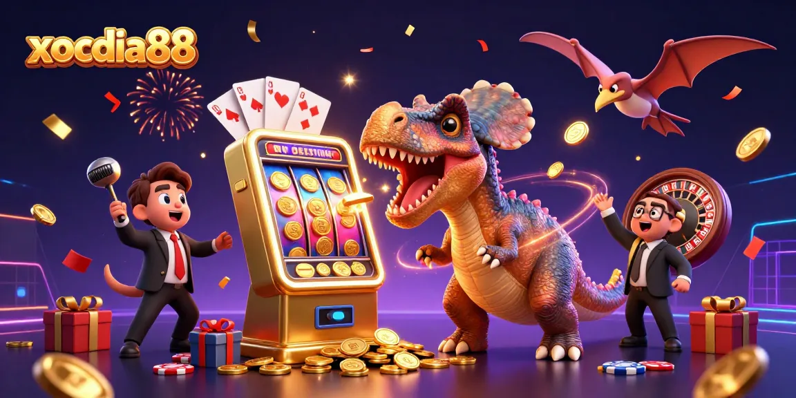 xocdia88 showcases a dinosaur winning at slots while coins rain down, capturing the thrill of online gaming.