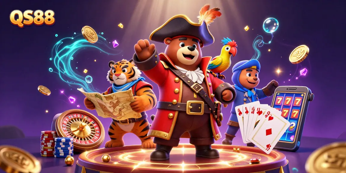 Engage with QS88's vibrant casino world, where playful characters and golden treasures bring gaming excitement alive.