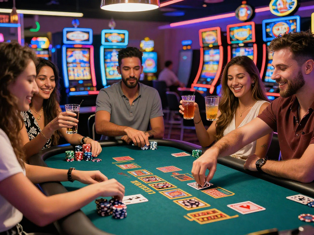 Scene di festa in un casinò non AAMS con amici che giocano a carte e brindano.