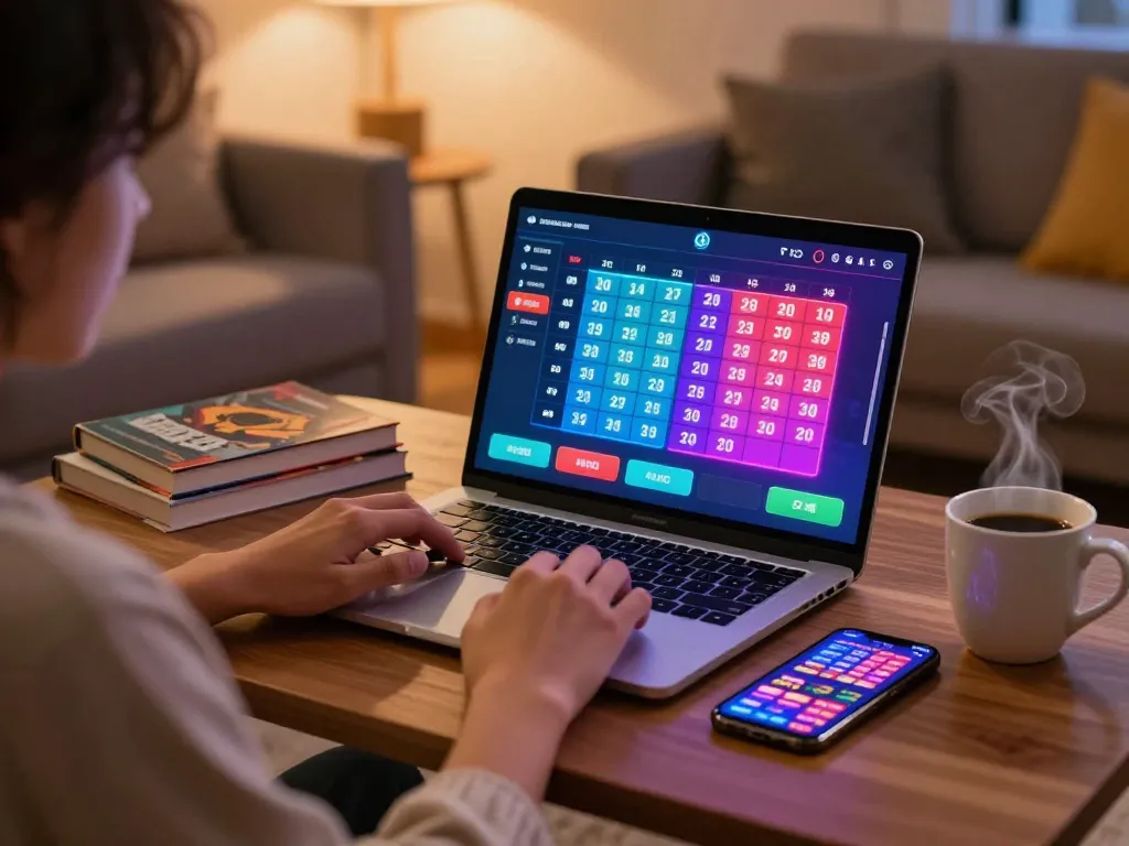 Adegan menarik seorang pemain menikmati toto togel online di laptop dengan angka-angka yang cerah ditampilkan.