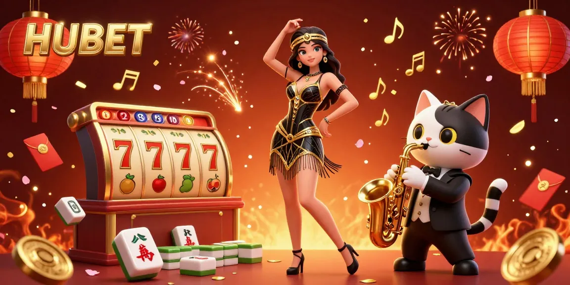 Experience the vibrant world of HUBET with a stunning 3D casino illustration featuring a flapper dancer and saxophone-playing cat.