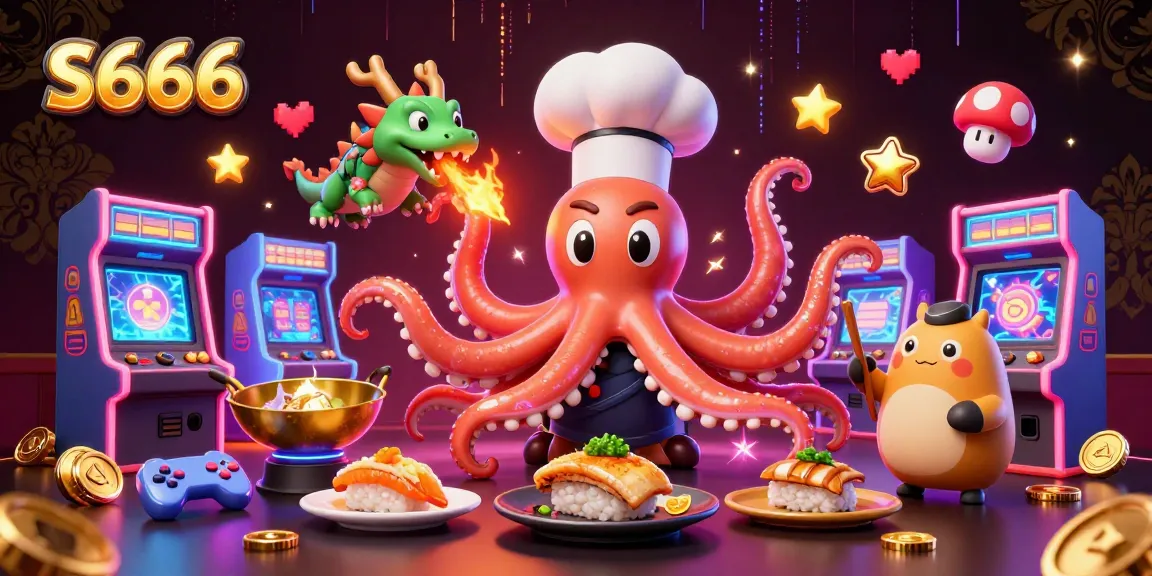 S666 engages players with vibrant casino games and golden dishes in a lively illustration.
