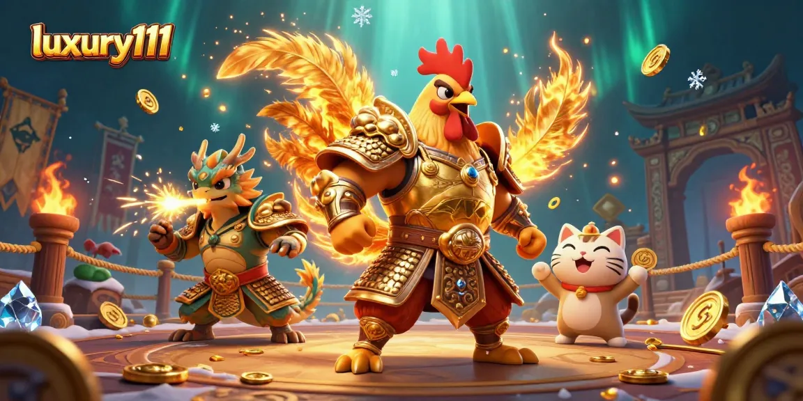 Luxury111 captivates gamers with an electrifying scene of a rooster warrior and dragon hatchling amid a thrilling gambling arena.