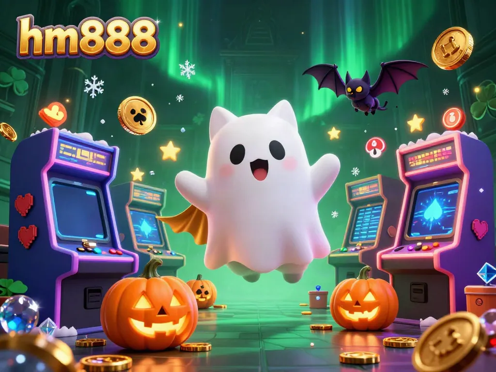 Experience thrilling gameplay with hm888 and a ghostly cat among vibrant casino elements.