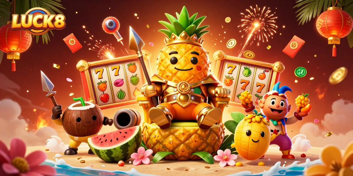 Engage with LUCK8's vibrant casino scene featuring the golden pineapple king, lively characters, and dynamic gambling elements.