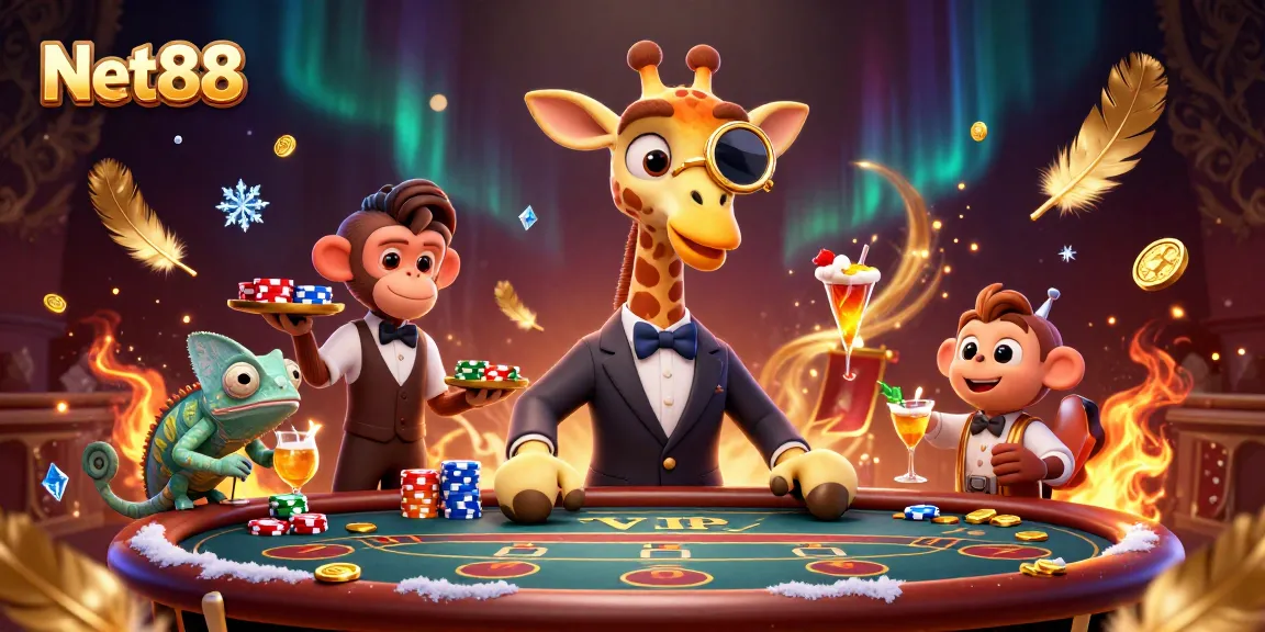 Experience Net88's thrilling poker action with a vibrant 3D illustration of high-roller characters.