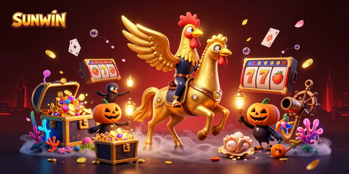 SUNWIN entices players with golden rooster and lantern-carrying crows amidst a vibrant casino scene.