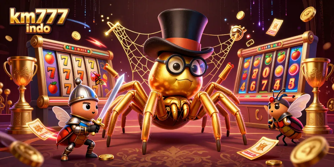Experience exciting gameplay at km777 indo with vibrant golden tarantula weaving amidst casino slots.