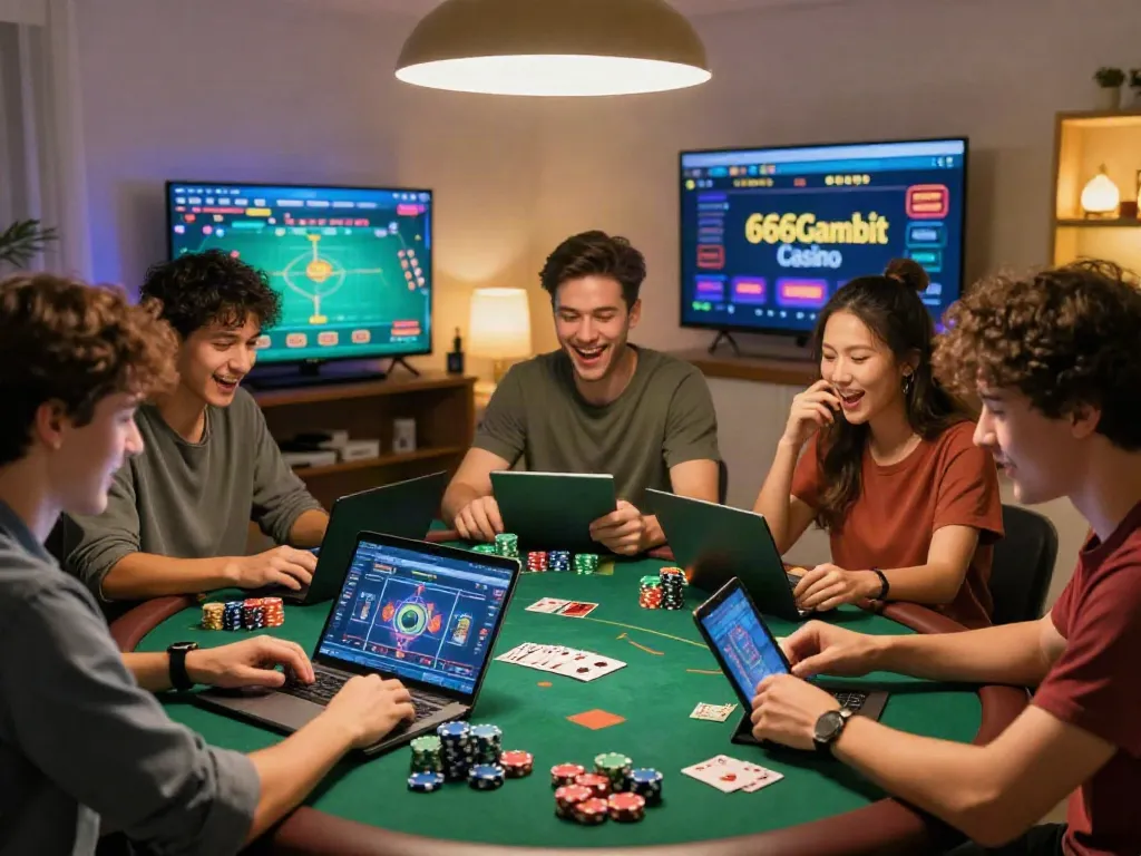Excited players enjoying games at 666Gambit Casino in a cozy home setting.