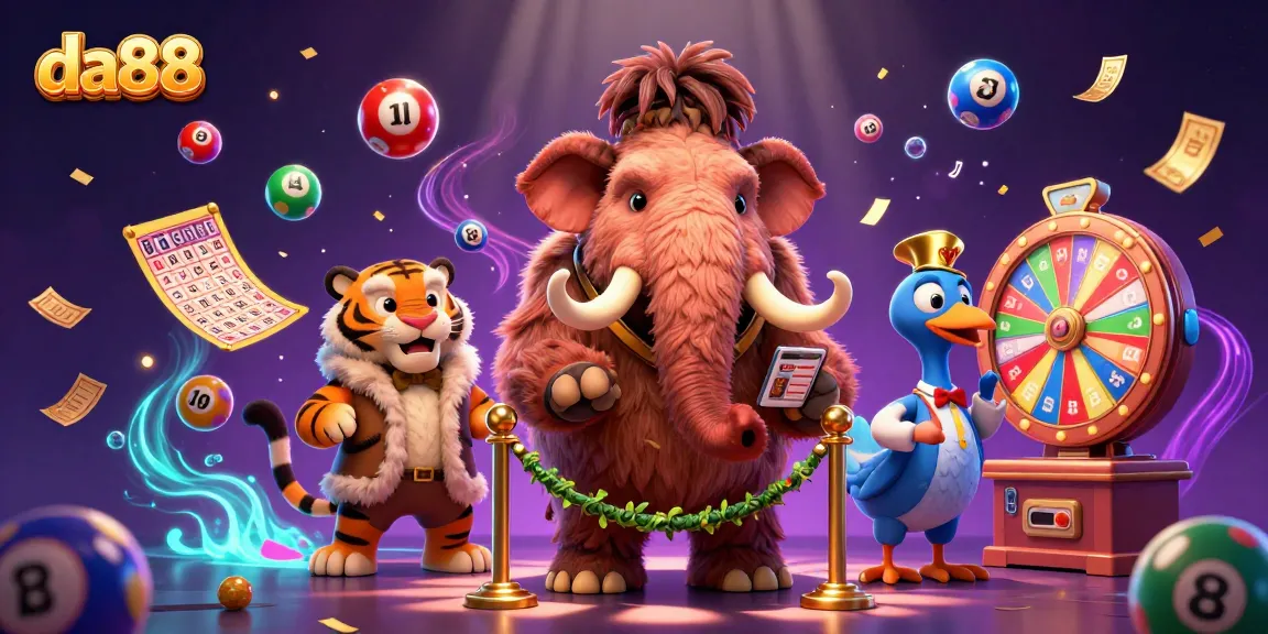 Join the da88 excitement with vibrant lottery elements and cartoon characters in a lively casino scene.