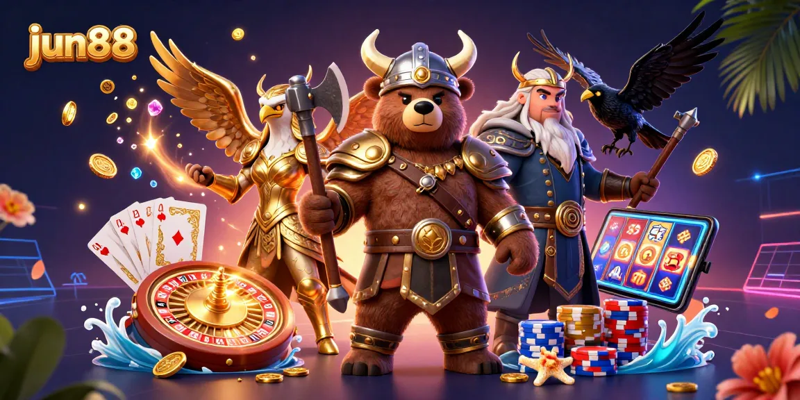 jun88 unveils an epic 3D casino adventure with Viking characters and glittering gaming elements.
