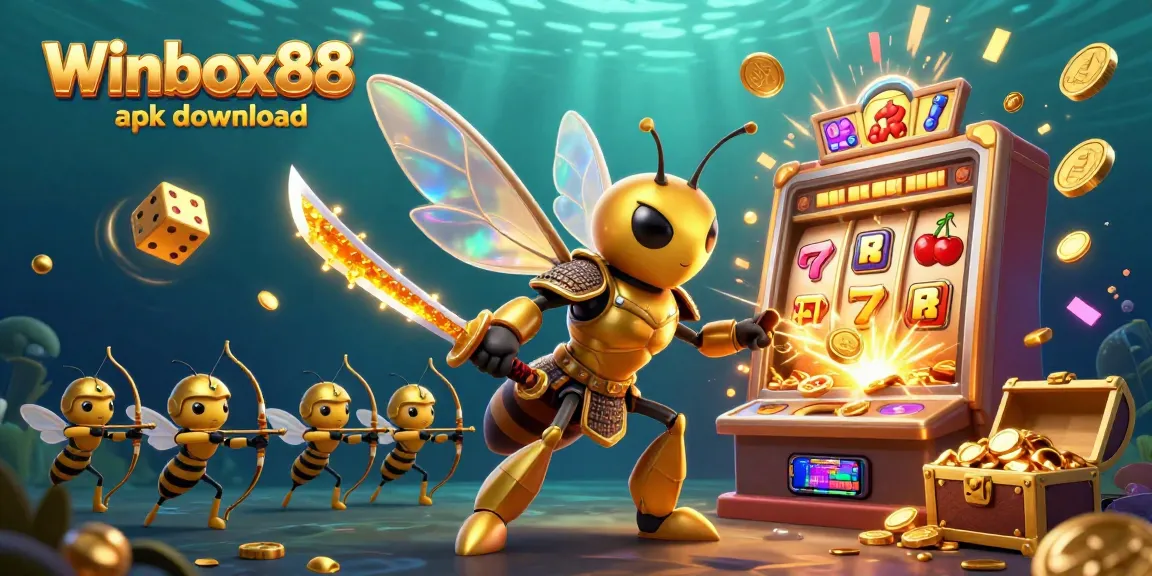 Winbox88 apk download illustration features a vibrant golden hornet and slot machine amidst an exciting casino backdrop.