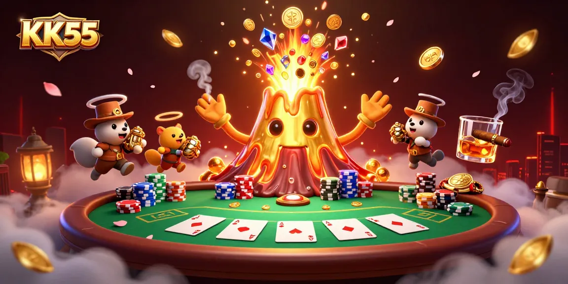 Win big with KK55's thrilling poker experience amidst a rich treasure scene.