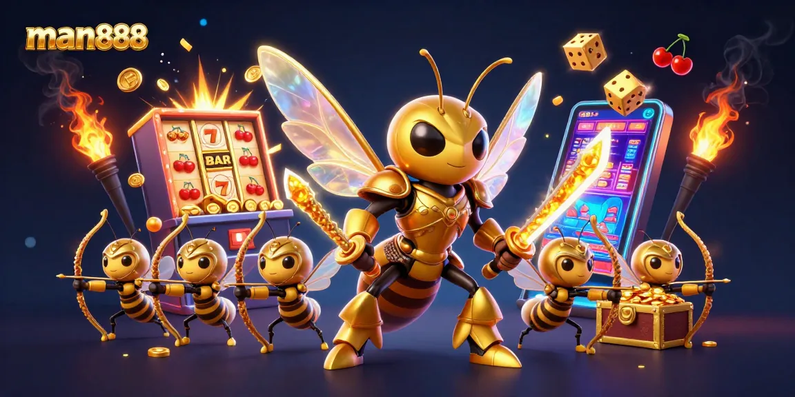 Engage with man888's thrilling slot machine and vibrant casino elements in this dynamic illustration.