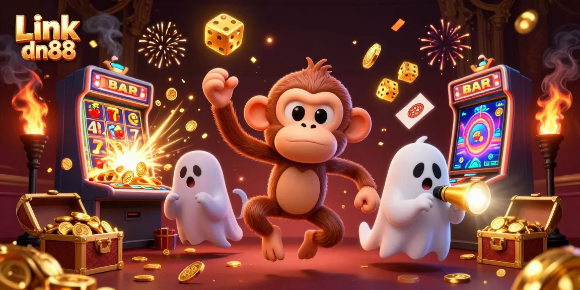 Experience the thrill of Link dn88 with a vivid casino scene featuring action-filled slots and curious characters.