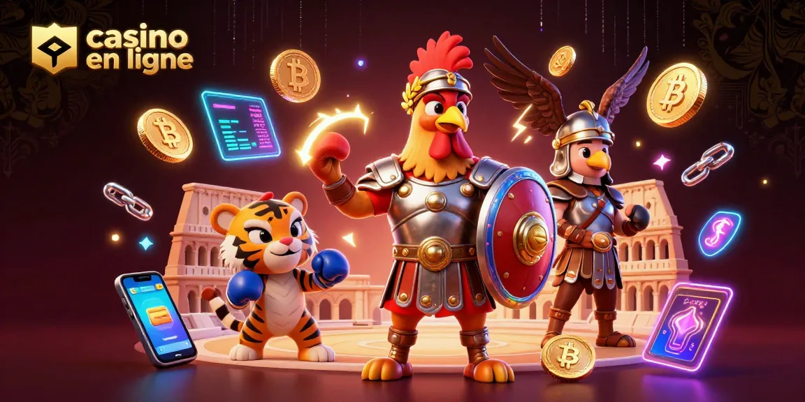 Jouez à des jeux dans un casino en ligne avec le fier coq gladiateur et son partenaire.