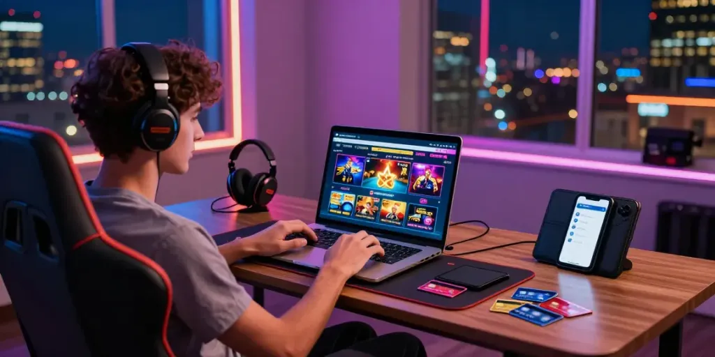 Online player enjoying games at casinos that take credit cards in a stylish setup with colorful LED lights.