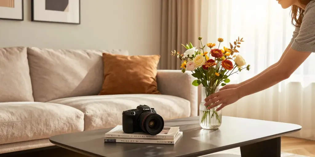 Home The Spruce living room scene with a stylish sofa table and cozy decor elements.