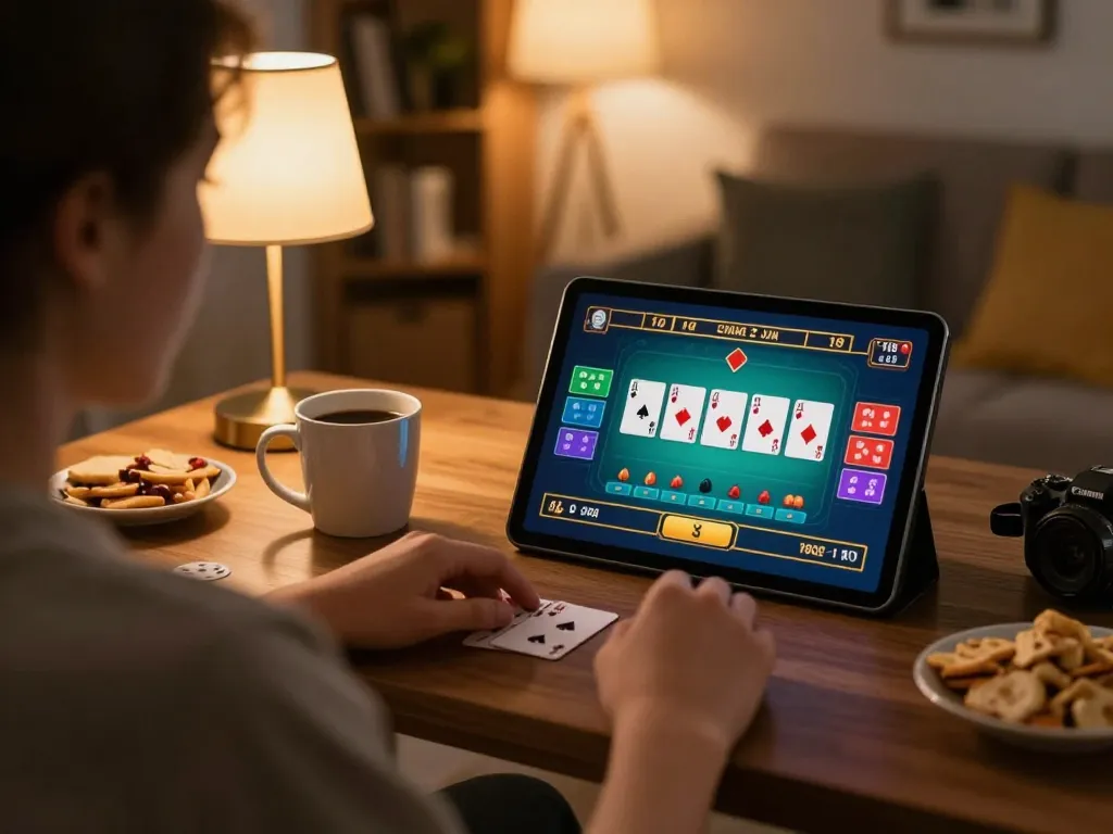 Daga player engaging with live dealer game on tablet at home, showcasing a cozy gambling atmosphere.