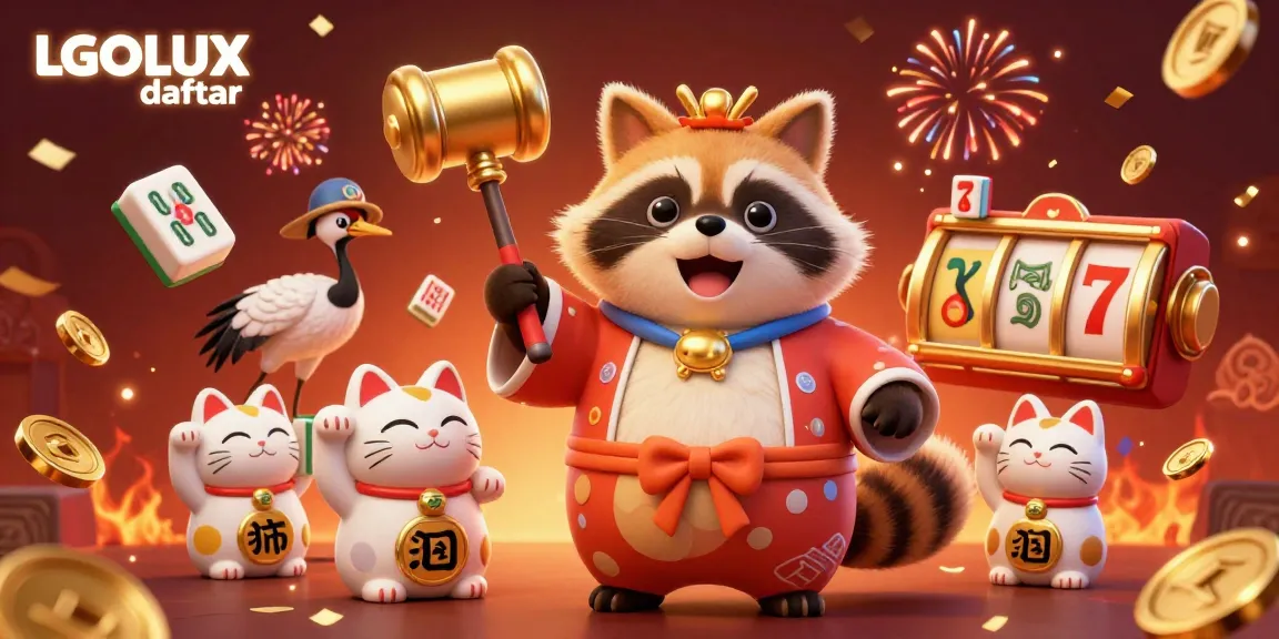 Engage with LGOLUX daftar as a cheerful tanuki celebrates with lucky symbols and vibrant casino elements.