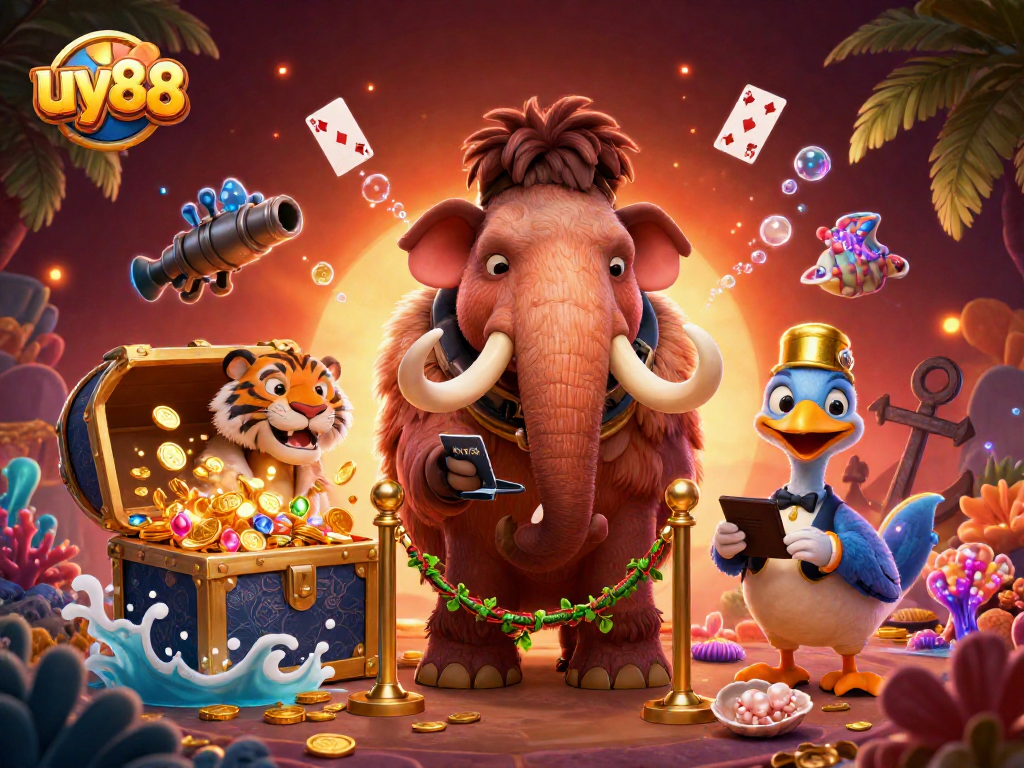 Experience excitement at UY88 casino with vibrant colors, golden treasures, and dynamic characters!