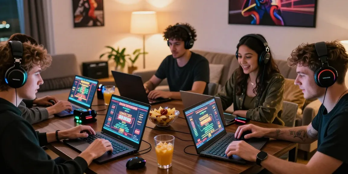 Excited players enjoying credit card casinos UK in a cozy gaming setup with laptops and snacks