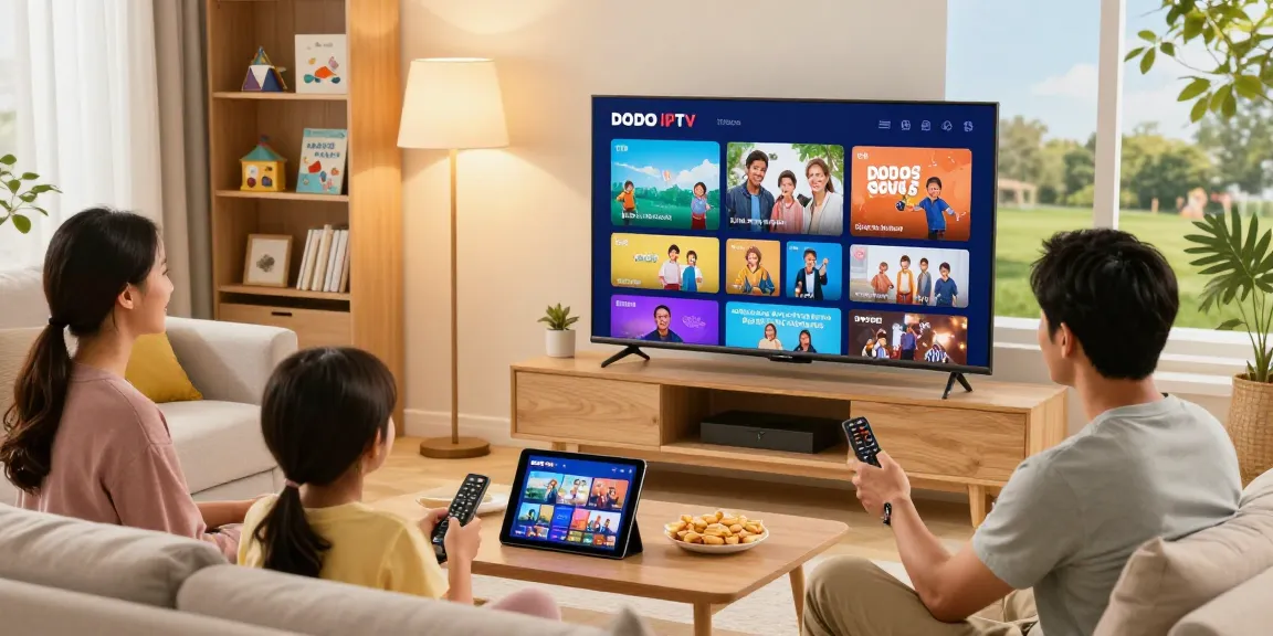 Family enjoying iptv subscription on smart TV in cozy living room.