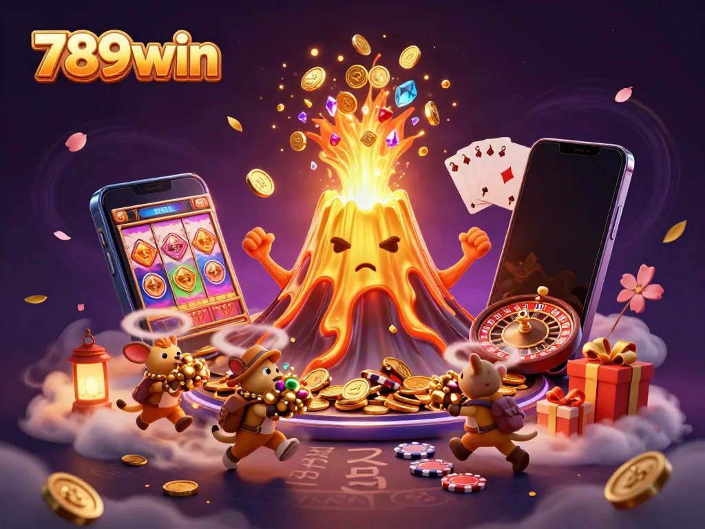 Experience the excitement of treasure hunting with 789win amidst a vibrant casino eruption of coins and gems.