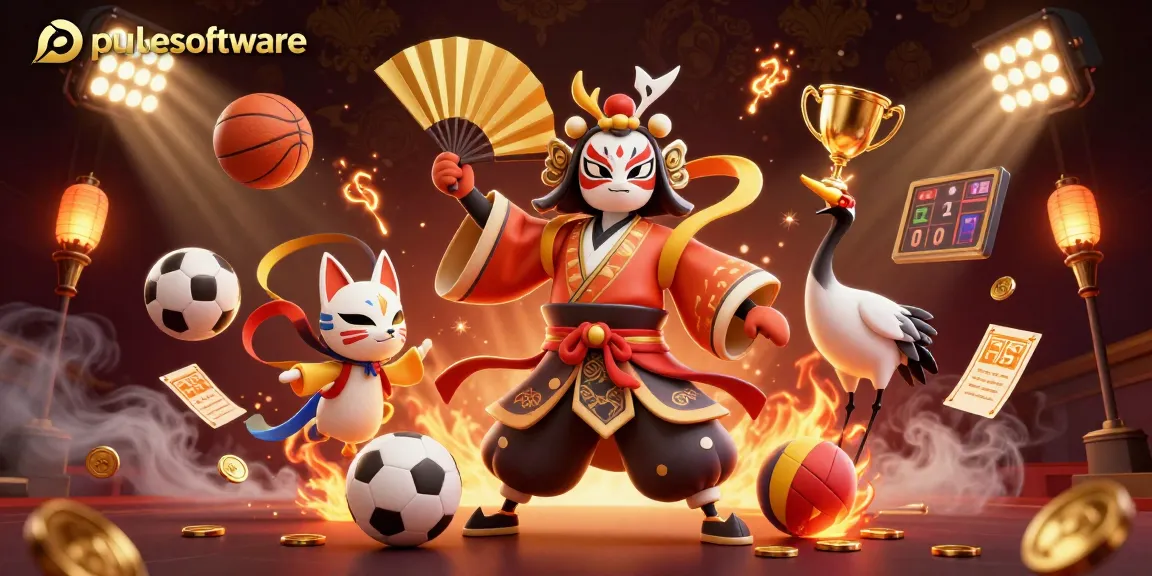 Experience the excitement of pulsesoftware's dynamic gaming scene with kabuki characters and vibrant casino elements.