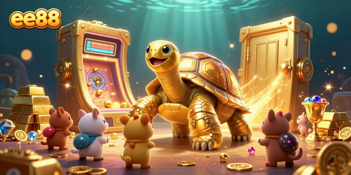 Experience exhilarating wins with ee88 in this bustling casino scene featuring a golden tortoise.