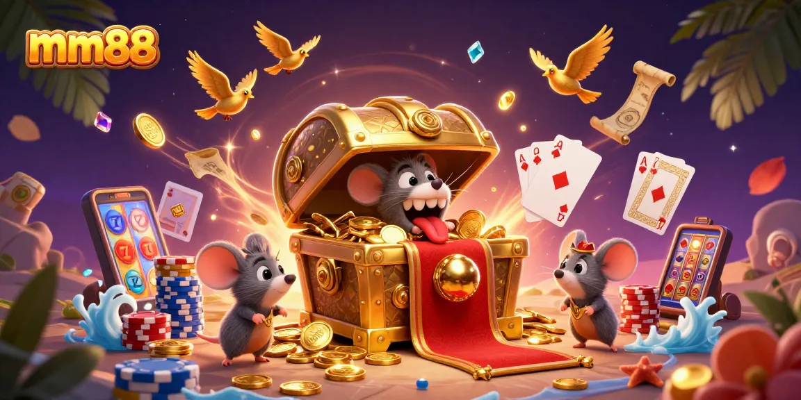 Experience excitement at mm88 with a treasure chest and vibrant casino elements.