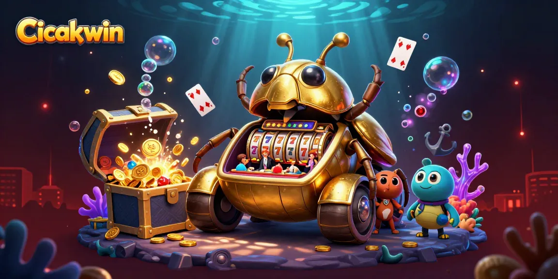 Cicakwin showcases a vibrant, high-energy casino scene inside a golden beetle tank with animated gaming features.
