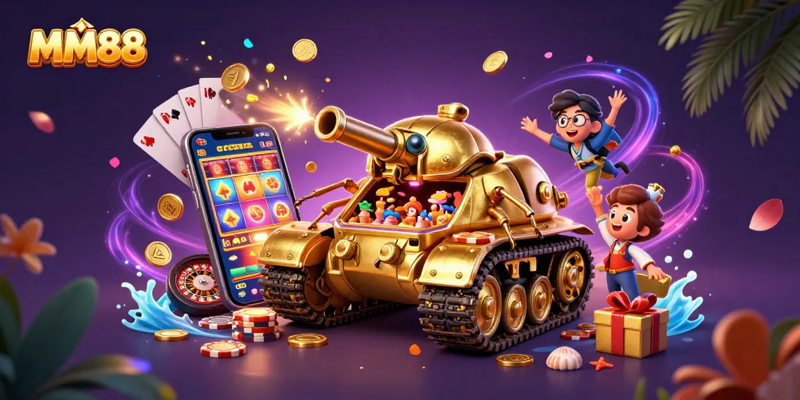 Experience MM88 in a lively 3D casino scene with a golden beetle tank, confetti, and slot games.
