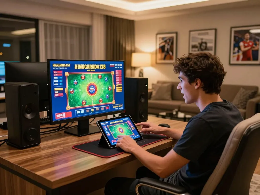 Engaging in online gaming at KINGGARUDA138, showcasing a vibrant tablet interface in a stylish home