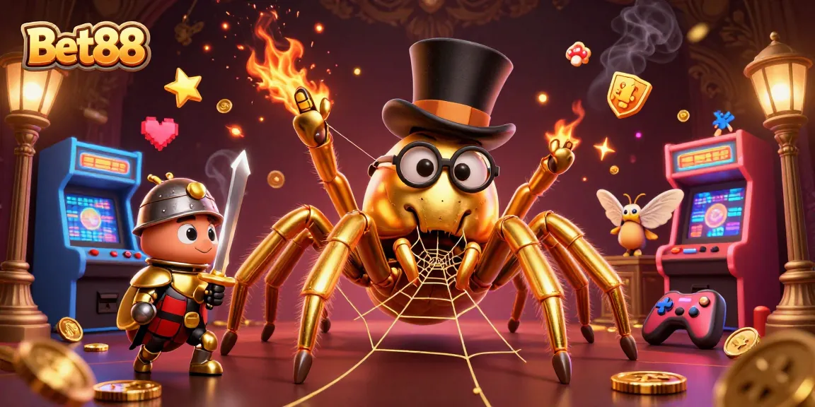 Engage in thrilling gaming at Bet88 with a dynamic casino scene featuring a golden tarantula and vibrant arcade machines.