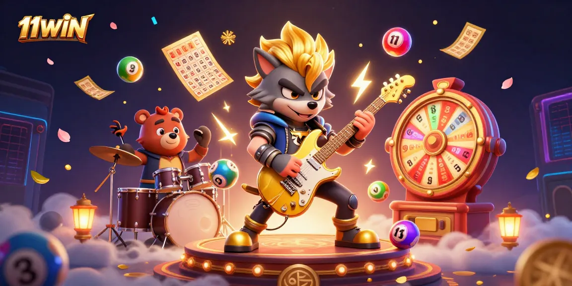 Experience the excitement of 11WIN with vibrant lottery elements and a rock star atmosphere.