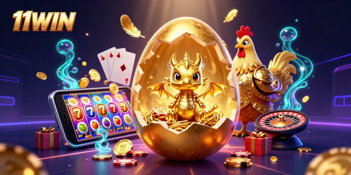 11WIN showcases a baby golden dragon amidst poker chips and slot reels, inviting playful gamblers.